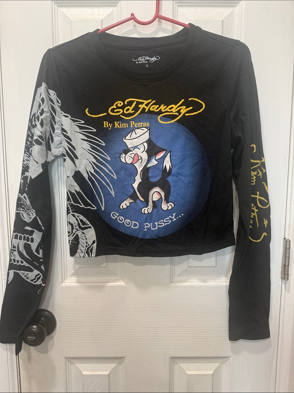 Ed Hardy Black Graphic Sailor Cat Crop Top with Yellow Logo